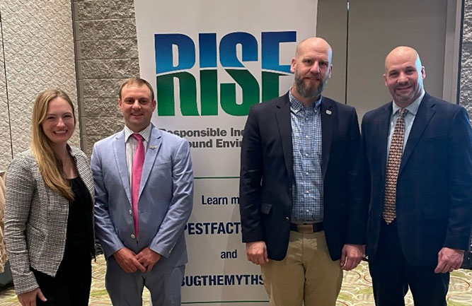 From left, RISE President Megan J. Provost; Superintendent Eric David, Naval Academy Golf Club; Superintendent Bob Searle, Abenakee Golf Club; and Blaine Pinkerton, Nufarm vice president turf and ornamental sales/RISE treasurer; pose for a photo during the RISE Industry Issues Update Breakfast in Orlando. (Photo: RISE)