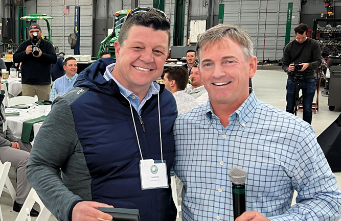 Coming up aces Todd Bohn, director of agronomy, Desert Mountain, Scottsdale, Ariz.; (left) and Kevin Robinson, CGCS, superintendent at Pinehurst Resort, celebrate Bohn’s first ever hole-in-one, on Pinehurst No. 2’s ninth hole. While the ball was in the air, a caddie said, “that’s going to be expensive.” Bohn replied, “I’m not that lucky.” Well … (Photo: Golfdom Staff)