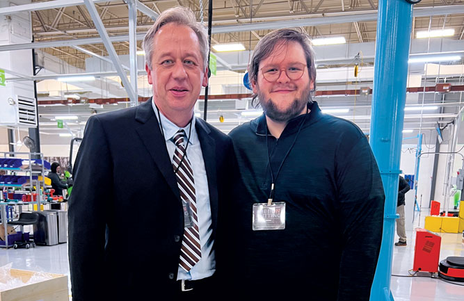 Meet up in Morristown Golfdom Associate Editor Rob DiFranco (right) snaps a pic with Klaus Hahn, Greenworks Commercial North America president, at the battery-powered equipment manufacturer’s new Morristown, Tenn., facility. (Photo: Golfdom Staff)