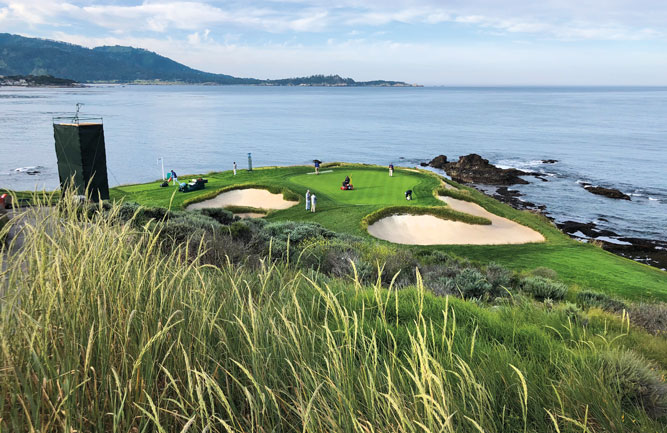 The famous No. 7 at Pebble Beach Golf Links is the shortest par 3 on the Tour at just 106 yards. Its cliffside location makes it a challenge for even the world’s best golfers. (Photo: Golfdom Staff)