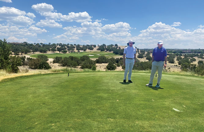 The USGA Green Section’s Matteo Serena, Ph.D., (left) and Brian Whitlark (right) survey a tee with subsurface irrigation on The Club at Las Campanas, Santa Fe, N.M. (Photo: Mike Kenna)