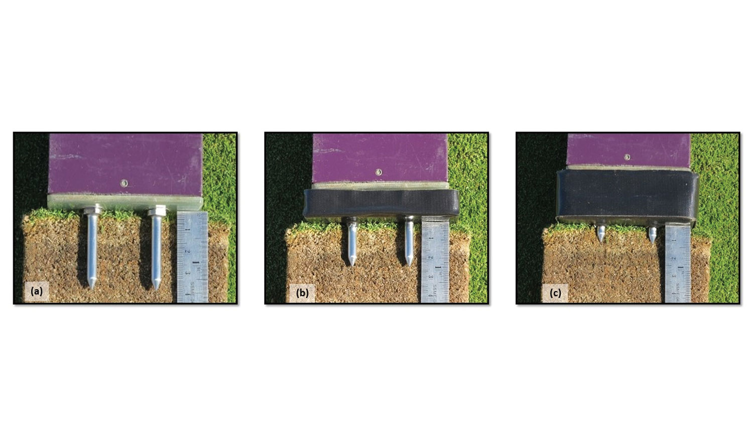 Field Scout TDR300 Soil Moisture Meter and (a) standard 1.5-inch turf rods. Researchers fit spacer blocks (black) onto 1.5-inch rods to achieve new measurement depths of (b) 1 inch and (c) 0.5 inches. (Photos: Daniel O’Brien, Michael Richardson, Ph.D., and Douglas Karcher, Ph.D.)