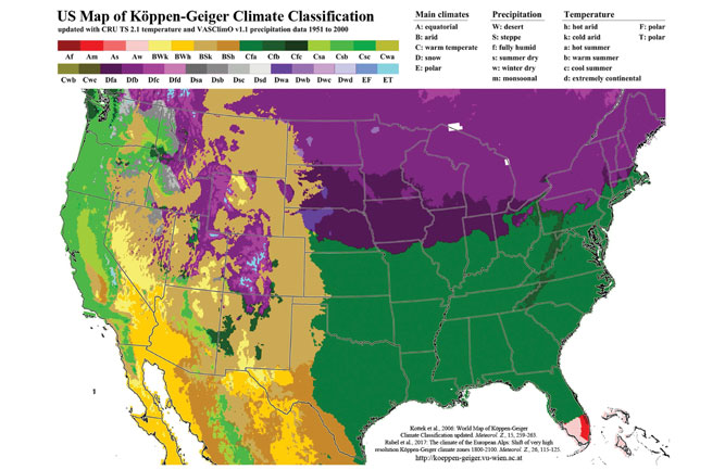 (Fig. 2) Köppen-Geiger climate classification map of the United States (Kottek et al., 2006; Rubel et al., 2017). Map retrieved from http://koeppen-geiger.vu-wien.ac.at/.