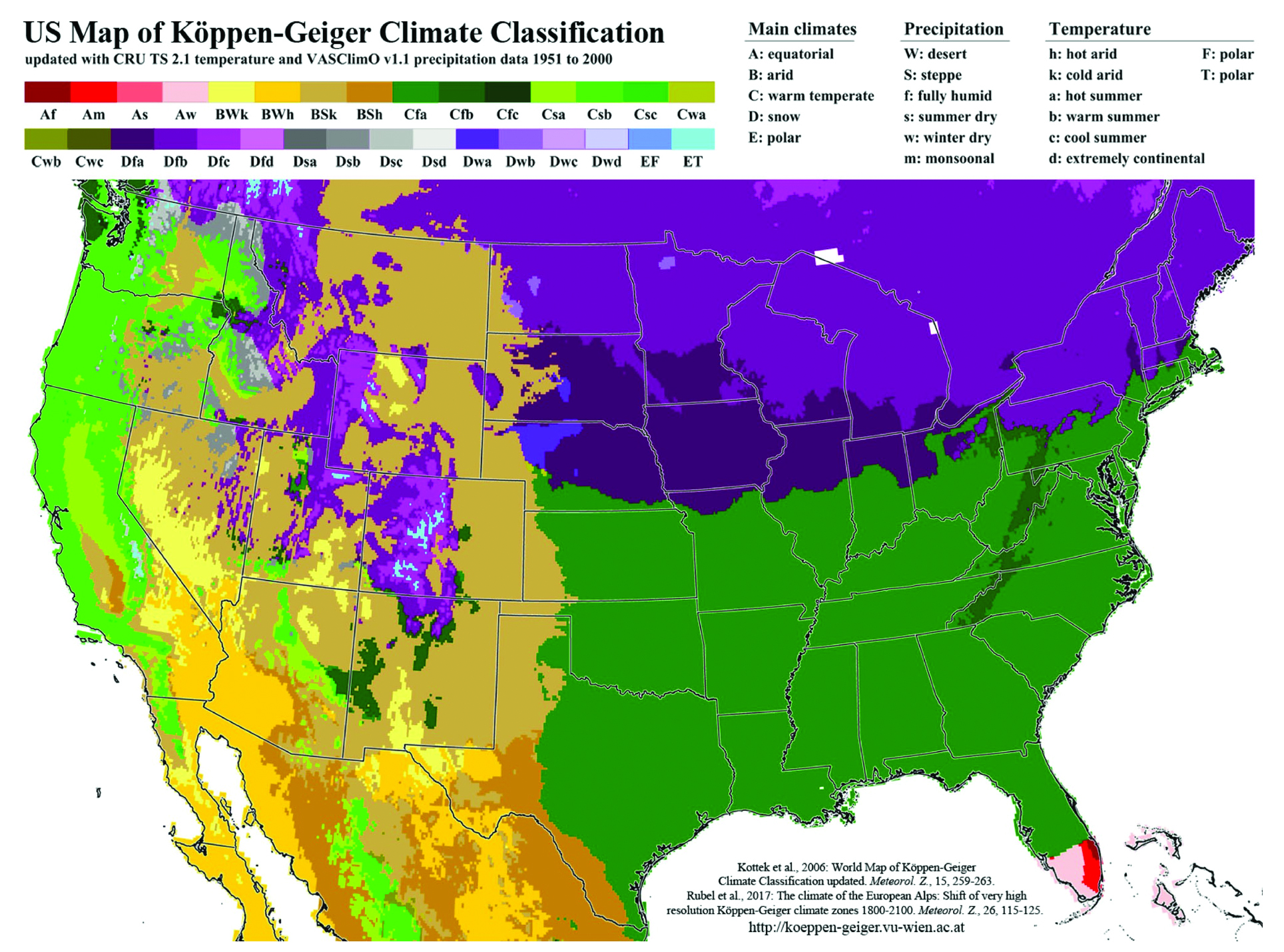 (Fig. 2) Köppen-Geiger climate classification map of the United States (Kottek et al., 2006; Rubel et al., 2017). Map retrieved from http://koeppen-geiger.vu-wien.ac.at/.