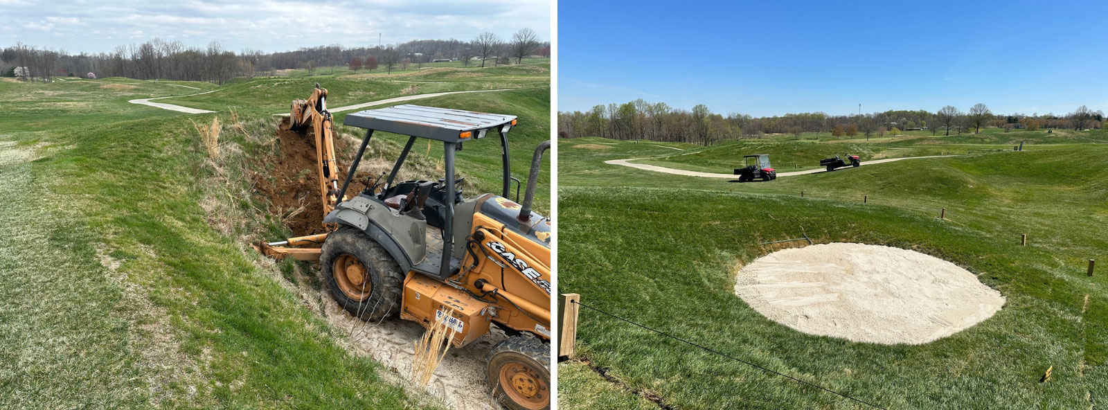 "This was the reshaping of the green complex of our 12th hole," Navin says. "The bunker had failed and was very deep with the surrounding mounds too steep to maintain safely. You can see the loader in the first photo at the top of the hill for scale." (Photo: Chris Navin)