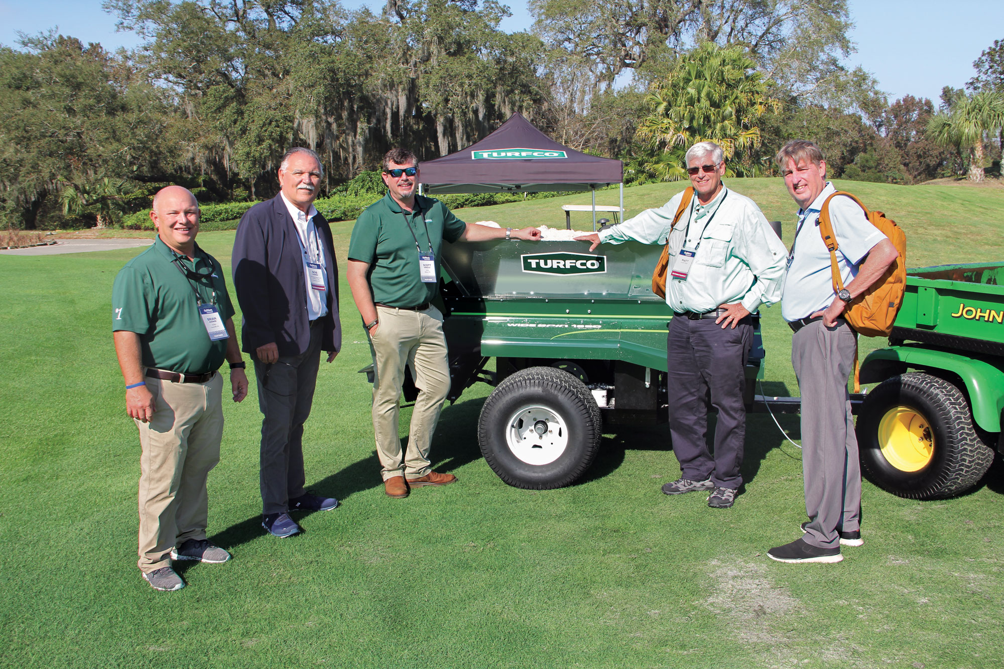 (Left to right) Brian Godwin, Turfco; Bob Farren, CGCS; Scott Kinkead, Turfco; Matt Shaffer and Shawn Emerson pause from the Turfco demonstration for a photo at the 2022 Golfdom Summit. (Photo: Golfdom Staff)