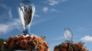 The Charles Schwab Cup alongside the trophy from the Charles Schwab Cup Championship. (Photo: Christian Petersen/Getty Images)