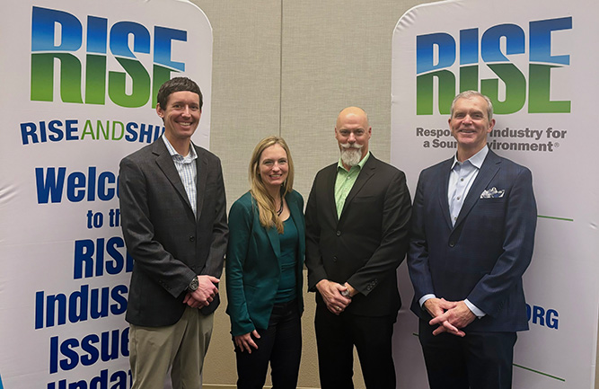 Speakers from the Jan. 31 RISE Industry Issues Update breakfast during the 2024 GCSAA Conference were from left: Mitch Savage, CommonGround Golf Course; Megan Provost, RISE; David Robinson, Marriott International; and Neil Cleveland, PBI-Gordon Corporation. (Photo: RISE)