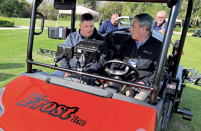 Ken Rost, president and CEO of Frost Inc., gives a demonstration of the Ninja GPS spray control system. (Photo: Golfdom Staff)