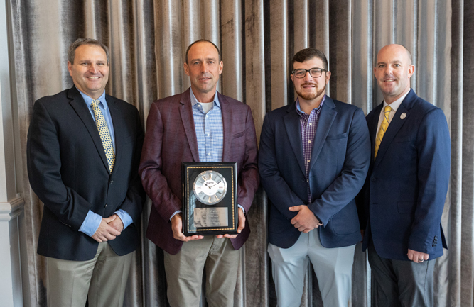 Noyac superintendent Brian Goleski and assistant Ryan Bain (center, L-R) accept the Arthur P. Weber Environmental Leaders in Golf Award, pictured with MetGCSA executive director Mike McCall (L) and MGA director, member services Kevin Kline (R). (Photo: MGA)