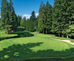 The par-3 No. 8 on Sahalee CC’s North Course gives golfers a challenge with a small lake separating the tee complex from the green. (Photo: Charlie Schauwecker)