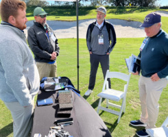 Connor Ouwinga, national sales manager, Porous Pave, and A. John Harvey, ASGCA, ASLA, chat with Greg Brandriet, CGCS at Heritage Links Construction and Rob Collins, director of greens and grounds at Paradise Valley (Ariz.) CC, at the 2024 Golfdom Summit. (Photo: Golfdom staff)