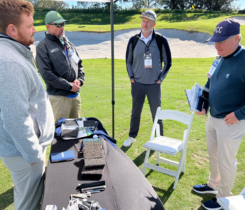Connor Ouwinga, national sales manager, Porous Pave, and A. John Harvey, ASGCA, ASLA, chat with Greg Brandriet, CGCS at Heritage Links Construction and Rob Collins, director of greens and grounds at Paradise Valley (Ariz.) CC, at the 2024 Golfdom Summit. (Photo: Golfdom staff)