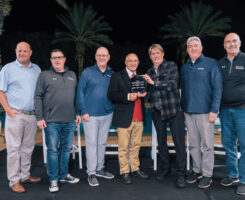 Celebrating the announcement of the new Legend is (left to right) Paul Blodorn, national account manager, Quali-Pro; Dan Hannan, business development manager, Kafka Granite; Scott Hollister, editor, Golfdom; Ken Mangum, CGCS; Shawn Emerson, associate, Ethos Club and Leisure; Seth Jones, editor-in-chief, Golfdom; and Bryan Borrell, chief strategic officer, Kafka Granite. (Photo by: Tom Ledford / Ledford Productions)