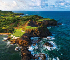 The 16th hole at Point Hardy GC, a course that provides stunning views and unique challenges for turf students and golfers alike. (Photo: Michael Marcellin, courtesy of Cabot)