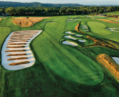 One of the most famous bunkers in golf is the 102-yard-long Church Pews bunker, which sits between No. 3 and No. 4 at Oakmont. The bunker was once six separate bunkers, which eventually became one ahead of the 1935 U.S. Open. (Photo: Ryan Montgomery)