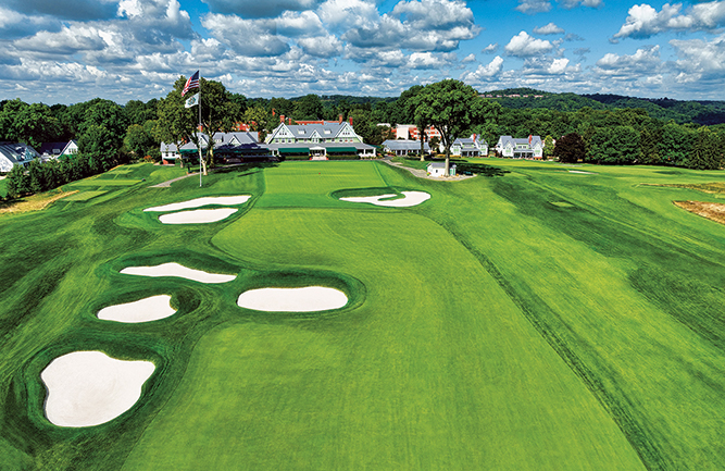 No. 9 at Oakmont is one of the most iconic greens complexes in golf. With the clubhouse framing it, the green is a combination of No. 9 green and the practice putting green. (Photo by: Ryan Montgomery)