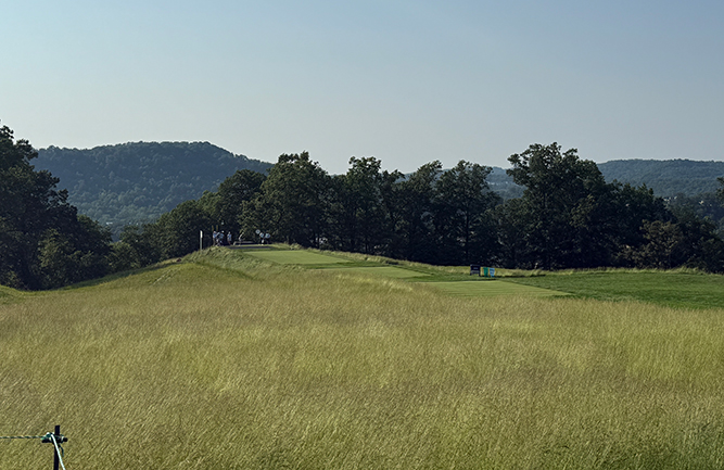 17th tee box on the edge of the property with the rolling hills of Western Pennsylvania offering a scenic backdrop. (Photo: Golfdom staff)