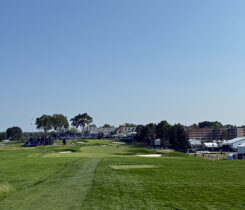 The approach into the 18th hole, what architect Gil Hanse referred to as the quintessential closing golf hole in American championship golf. (Photo: Golfdom staff)