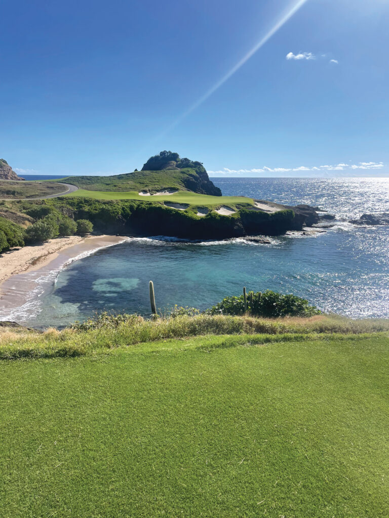 This par 3 requires a reach over the bay to land safely on the other side. Notice the cactus growing along the sloped area. St. Lucia has a wet season and also a dry season which favors the growth of those cactus species along the coastline. (Photo: Damon Di Giorgio)