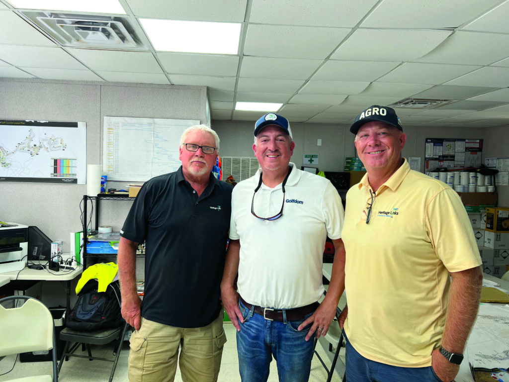 Bon voyage! Peter Bohn, construction manager, Heritage Links; Jones; and Wes Pitts, CGCS, Heritage Links, took time for a quick photo before Seth flew back to the States. (Photo: Golfdom staff)
