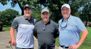 Shaker’s super super: Golfdom’s Craig MacGregor (left) and Seth Jones were able to tee it up at Shaker Heights (Ohio) CC. Before they went out, they said hello to course superintendent Bill Lewis. (Photo: Golfdom staff)