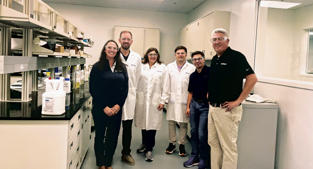 Back in the lab again: Jones (far right) was invited by Envu to learn about the company’s new efforts in mosquito control. From left to right are Larissa Wolfe, Arunas Damijonaitis, Ph.D., Debbie Koufas, Kyle Denk and J. Nolfo. (Photo: Golfdom staff)