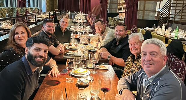 A dinner to remember: We brought together four different companies for a fun evening. From left to right, counterclockwise, are Nader Hassen, Golfdom; Taylor Turner, Numerator; Kyle Parks, Mulch Mate; Stoltman; John Perry, Greene Country Fertilizer Co.; Nick Carlson, Mulch Mate; Jim Turner, Numerator; and Jones. (Photo: Golfdom staff)