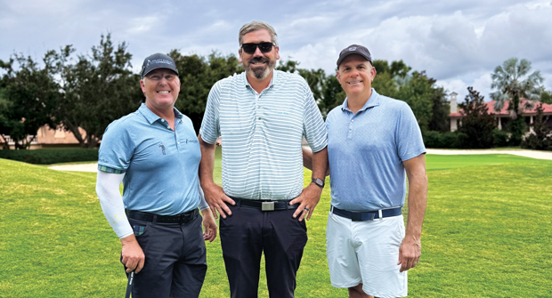 Points taken: Professional golfer D.A. Points (left) joined Sam Gardner, superintendent, Isleworth CC, and Kevin Stoltman, president and CEO of North Coast Media, for a recent round in Windermere, Fla. (Photo: Golfdom staff)