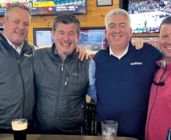 Basketball watch party: It seems the Kansas Jayhawks always have a big matchup the week of the Carolinas GCSA Conference and Show. 2025 was no different as the guys watched KU face Duke at Madison Square Garden. Joining the party are (left to right) Cummins; Scott Kinkead, Turfco; Jones; and Mark Semm, BASF. (Photo: Golfdom staff)