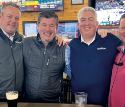 Basketball watch party: It seems the Kansas Jayhawks always have a big matchup the week of the Carolinas GCSA Conference and Show. 2025 was no different as the guys watched KU face Duke at Madison Square Garden. Joining the party are (left to right) Cummins; Scott Kinkead, Turfco; Jones; and Mark Semm, BASF. (Photo: Golfdom staff)