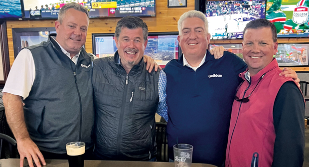 Basketball watch party: It seems the Kansas Jayhawks always have a big matchup the week of the Carolinas GCSA Conference and Show. 2025 was no different as the guys watched KU face Duke at Madison Square Garden. Joining the party are (left to right) Cummins; Scott Kinkead, Turfco; Jones; and Mark Semm, BASF. (Photo: Golfdom staff)