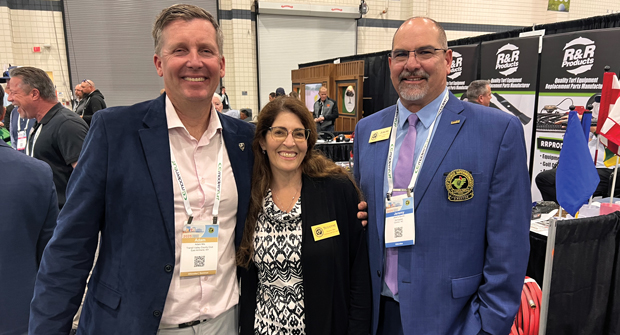 Friends of Golfdom: Stopping for a quick photo at the Carolinas Show are (left to right) Adam Mis, Transit Valley CC, East Amherst, N.Y.; Suzanne Mis, Carolinas GCSA; and Jeremy Boone, CGCS, MG, Springdale Resort, Canton, N.C. (Photo: Golfdom staff)