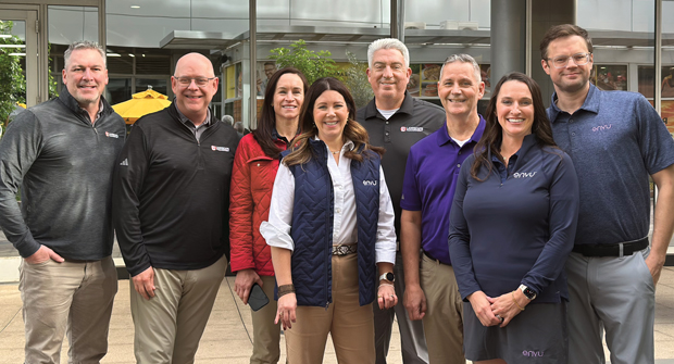 Breakfast of champions: At Elevate, the Golfdom team met up with their old colleague Bill Roddy (in purple) who now works for Envu. Joining the breakfast are Hollister, Lindsey Hoffman Chappell, Ph.D., Liz Dorland, Jones, Larissa Wolfe and Jake Clabaugh. (Photo: Golfdom staff)
