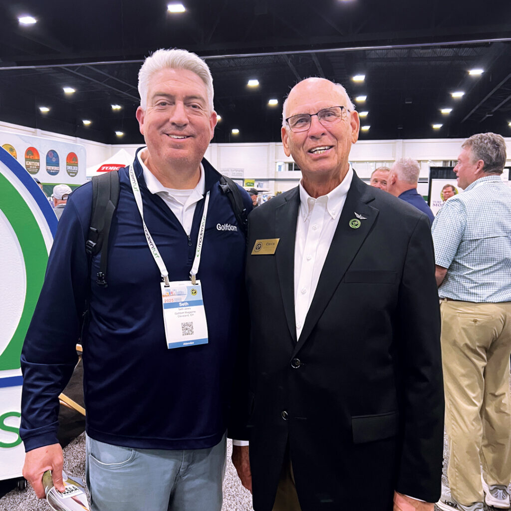 Still got the Camaro?: Jones with his old friend Chuck Borman, Carolinas GCSA. Jones and Borman were coworkers a long time ago when they both worked for GCSAA. The two share a love for muscle cars. And no, Jones sold the Camaro (but still has the ’64 Impala). (Photo: Golfdom staff)