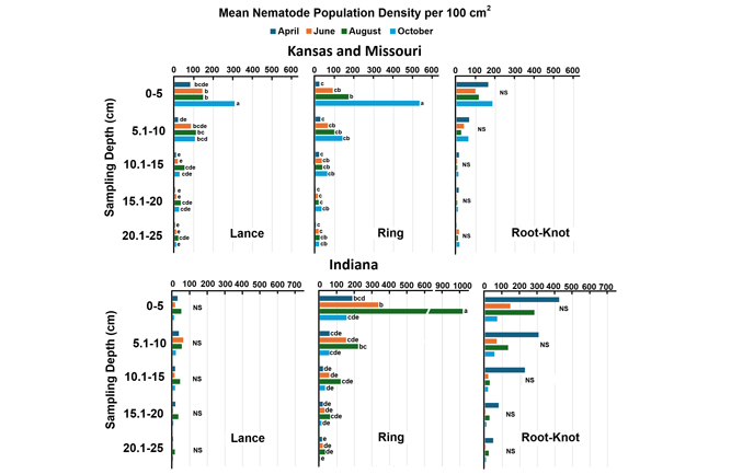 Photo: Eastern Kansas, Missouri and Indiana (2021) total nematode population densities by sampling depth and month, with soil samples aggregated. Letters indicate significant differences between sampling depths by month analyzed within that individual species (P < 0.05), and “NS” indicates no significant depth-by-month interaction. (Figure: Golfdom staff)