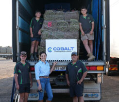 Jessica and David Micallef with their sons Thomas, Joel and Justin as Cobalt Hybrid Buffalo grass arrives for planting at the farm. (Photo: Sod Solutions)
