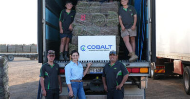 Jessica and David Micallef with their sons Thomas, Joel and Justin as Cobalt Hybrid Buffalo grass arrives for planting at the farm. (Photo: Sod Solutions)