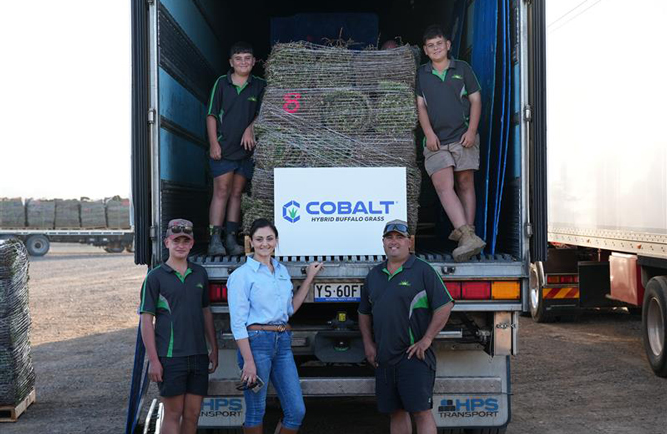 Jessica and David Micallef with their sons Thomas, Joel and Justin as Cobalt Hybrid Buffalo grass arrives for planting at the farm. (Photo: Sod Solutions)