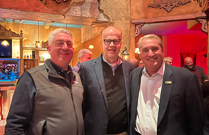 Jones wrapped up his 2026 GCSAA Conference at the Toro party, where he nabbed this photo with Rick Olson, CEO, Toro and Darren Davis, CGCS, GCSAA’s 82nd president and Superintendent at Olde Florida Golf Club. (Photo: Golfdom staff)