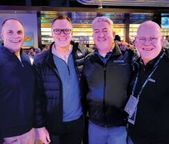 A handshake deal: The team at Golfdom has enjoyed the work of Andy Staples, ASGCA (second from left), over the years — that includes his golf course designs as well as his e-newsletter. And this photo is the official announcement that Staples will soon be writing a column for Golfdom. With Staples are Golfdom’s Kevin Stoltman, CEO; Seth Jones, editor-in-chief; and Scott Hollister, editor. (Photo: Golfdom staff)
