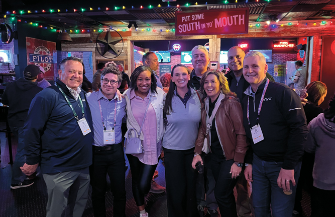 Brother Jimmy’s BBQ with brother Jimmy: At the GCSAA show, the team at Envu served it up right with some barbecue at Brother Jimmy’s BBQ. Feeling right at home is (left to right) Brother Jimmy Cummins, Golfdom; J. Nolfo, Brittany Bailey, Larissa Wolfe, Jessica Rasmussen and Bill Roddy, all with Envu; and Jones and Stoltman. (Photo: Golfdom staff)