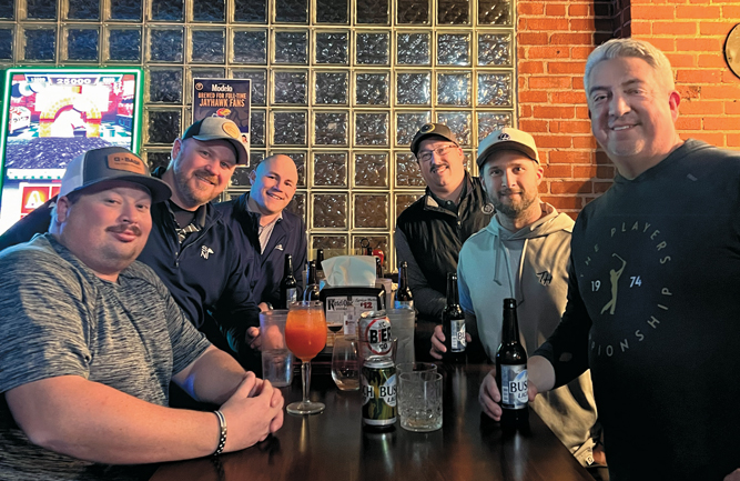 What time do the Cyclones play?: The Iowa GCSA board of directors made their way to Lawrence, Kan., and were kind enough to invite Jones out for a couple cold Busch Lights, the official beer of Iowa. Pictured left to right are Colton Mihalovich, Spirit Hollow GC, Burlington, Iowa; Brent Parizek, West Liberty (Iowa) CC; Tommy Feller, CGCS, Cedar Rapids (Iowa) CC; Mitch Meyers, Thunder Hills CC, Peosta, Iowa; Alex Perrizo, Terrace Hills GC, Altoona, Iowa; and Jones. (Photo: Golfdom staff)