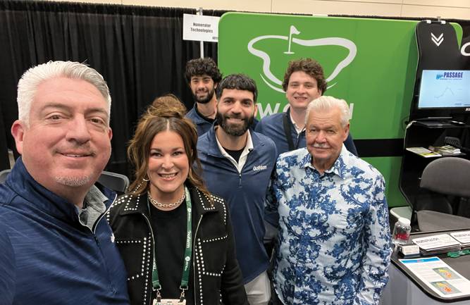 As the world turns: Jones has been working with industry legend Jim Turner (far right) on a longform Q&A that started at his home club, Sara Bay CC, Sarasota, Fla., and continued at the GCSAA Conference in Orlando. Look for the story later this year. With Seth and Jim are Taylor Turner-Weaver, Numerator Technologies CEO; Nate Stoltman; Nader Hassen; and Will Coughlin. (Photo: Golfdom staff)