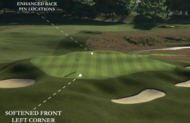 Rendering of a restored green complex showing recovered back pin locations and softened front left corner. These are pin positions lost over decades of resurfacing. (Photo: Brookside Country Club)