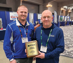 South Dakota Superintendent of the Year: Congratulations to Charles Kornmann (right), superintendent at Lee Park GC, Aberdeen, S.D., on being named the South Dakota SOTY, with Josh Waltman, Lee Park GC, presenting him the award. (Photo: Golfdom staff)