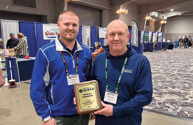 South Dakota Superintendent of the Year: Congratulations to Charles Kornmann (right), superintendent at Lee Park GC, Aberdeen, S.D., on being named the South Dakota SOTY, with Josh Waltman, Lee Park GC, presenting him the award. (Photo: Golfdom staff)