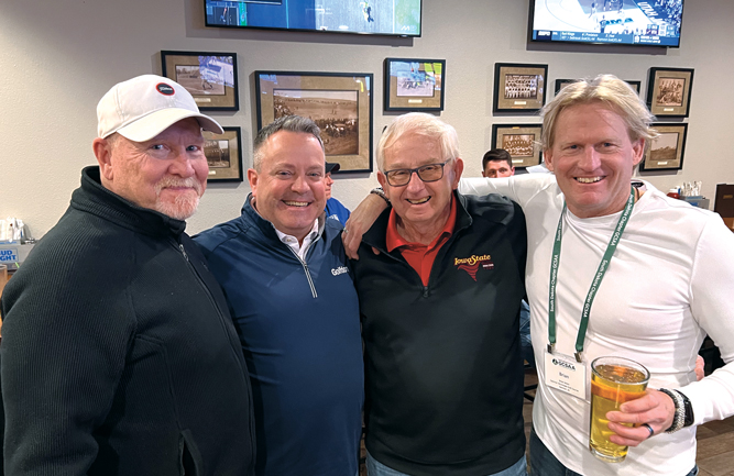 Just some good ol’ boys: Golfdom’s Jim Cummins (second from left) was thrilled to be reunited with some of his friends from the South Dakota chapter at their annual meeting in Sioux Falls. From left to right are James Walraven (former superintendent now retired); Chuck Mohr (former superintendent now retired); and his son Brian Mohr, superintendent at Spencer (Iowa) Municipal GC. (Photo: Golfdom staff)