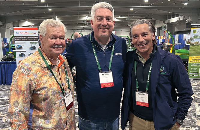 A stacked speaker list in South Dakota: It was hard for Jones to compete with these two fellow speakers at the SDGCSA annual meeting: Jim Turner (left), founder of Numerator and Carmen Magro, Ph.D., CGCS, founder of Pure Insight. (Photo: Golfdom staff)