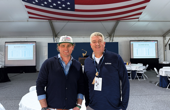 A couple of major players: Lucas Andrews, director of golf course maintenance operations at TPC Sawgrass, took some time to meet with Jones during what was a busy — but successful — Players Championship week. This was Andrews’ first Players as the man in charge. (Photo: Golfdom staff)